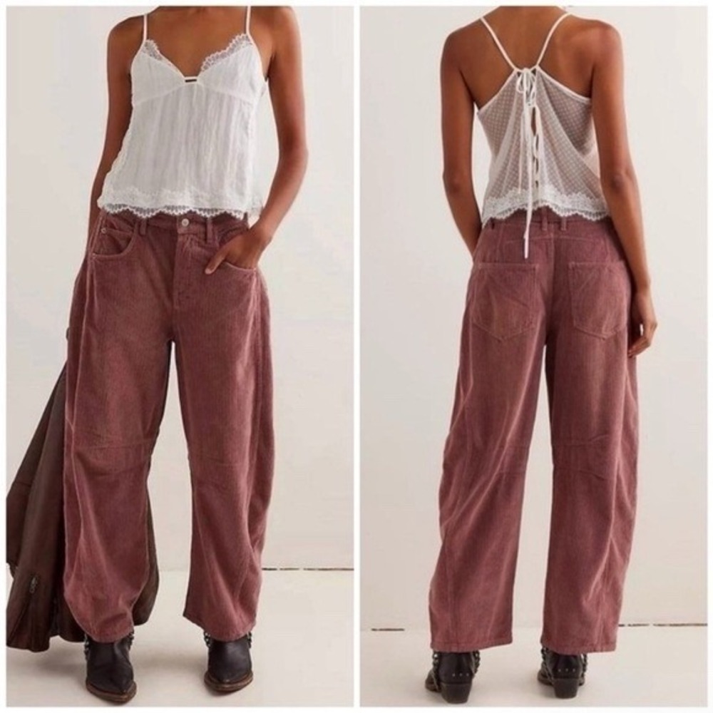 We The Free Good Luck Mid Rise Cord Barrel Jeans 30" Pink Corduroy Button‎ Fly